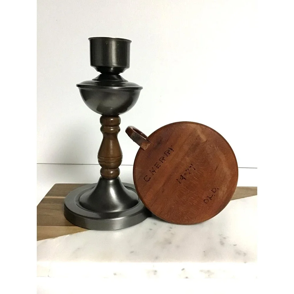 Vintage Pewter and Wood Candlestick & Cherry Wood Hand Turned Chamberstick 1977